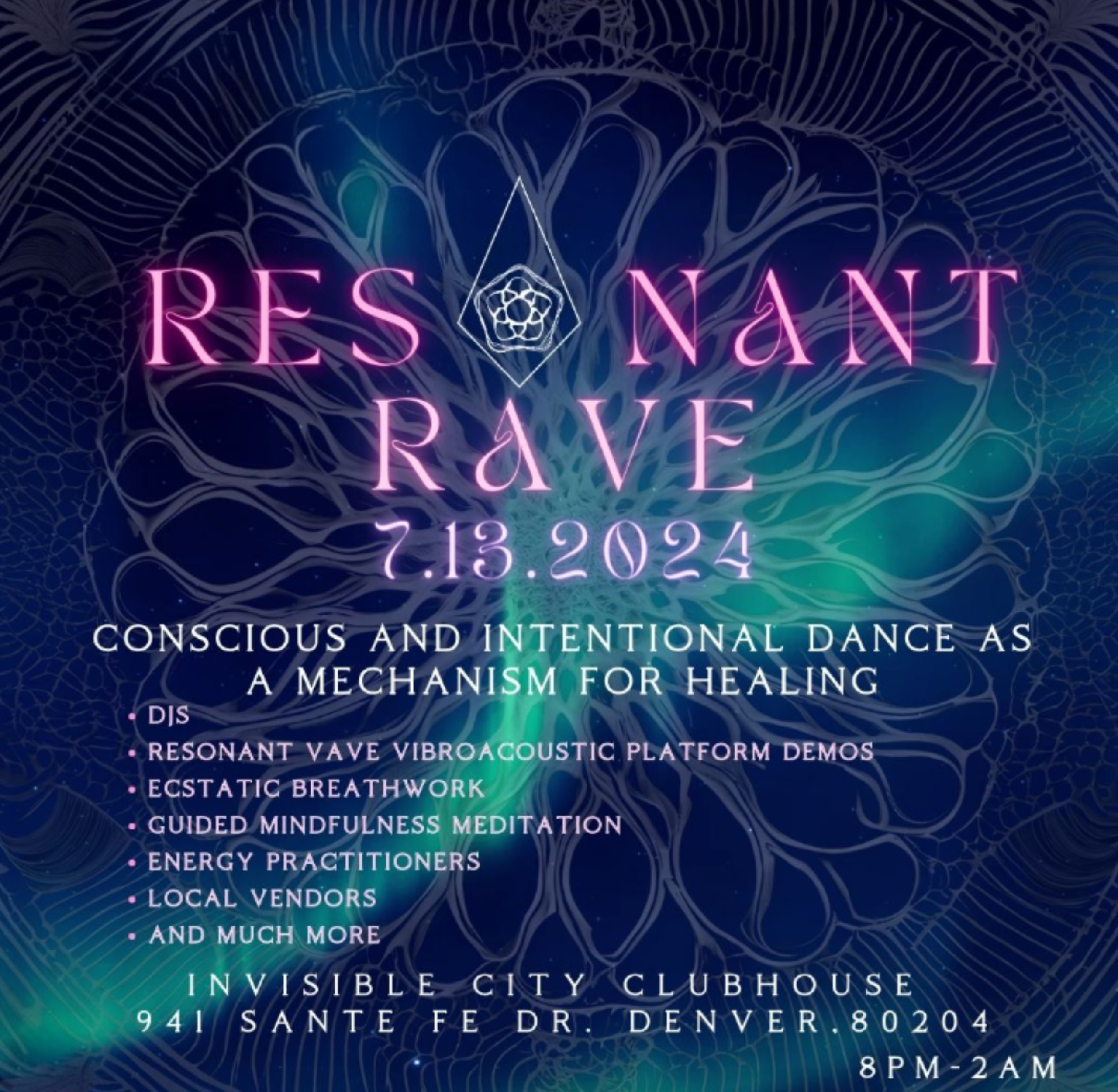 Resonant Rave – Day One | July 13, 2024 | Invisible City Denver RESONARAH'S Resonant Rave Day One on July 13, 2024 at Invisible City in Denver featuring conscious and intentional dance, guided breathwork, and VAVE multisensory resonant frequency therapy by ResonantVibe.