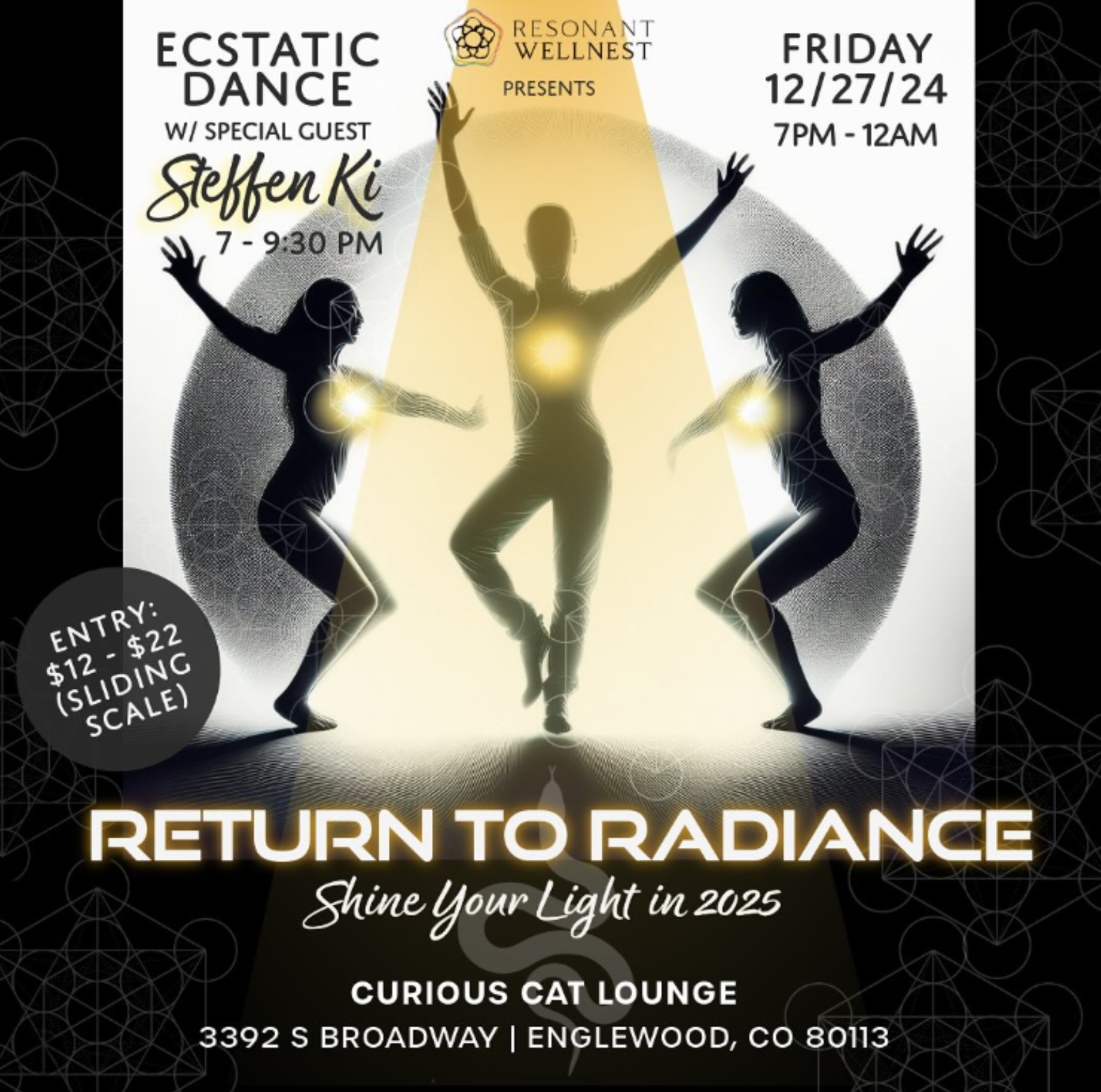 Ecstatic Dance with Steffen Ki | December 27, 2024 | Denver, CO Ecstatic dance event by RESONARAH at The Curious Cat Lounge in Denver on December 27, 2024 featuring a pre-dance yoga class and live music by Steffen Ki.