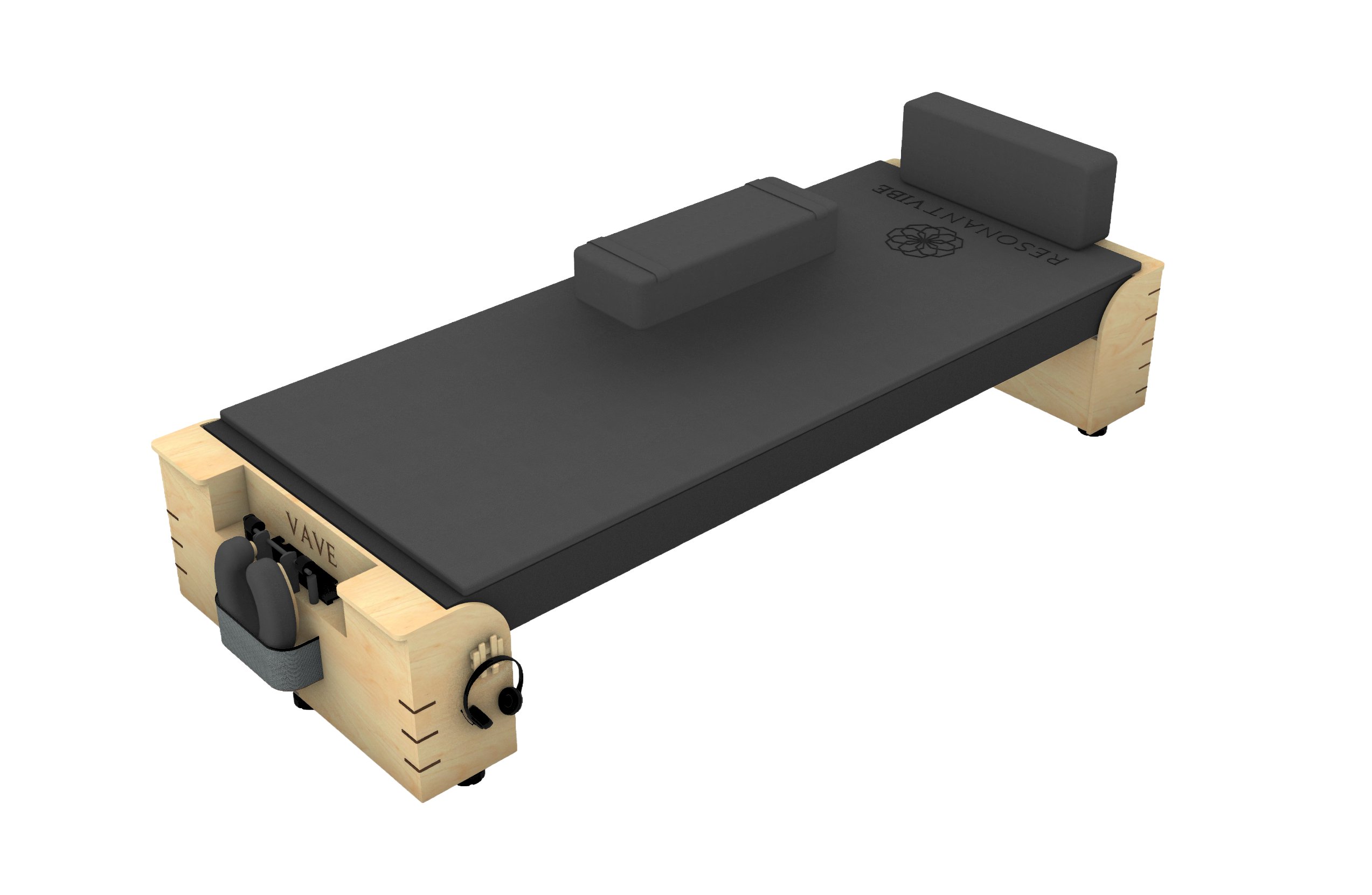 Angled product rendering of VAVE™ vibroacoustic therapy bed with modular headrest and wooden base